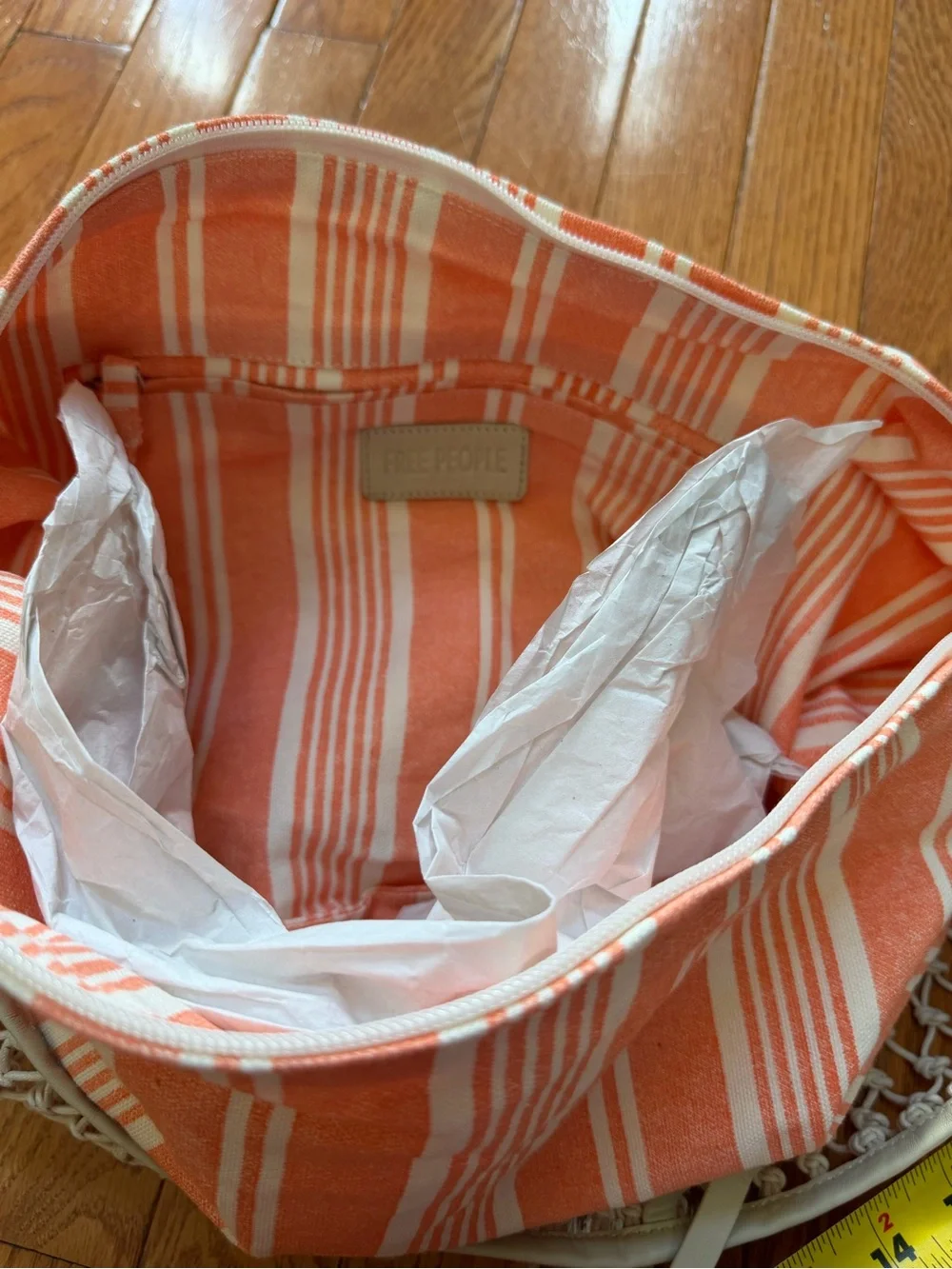 NWT new free people silver springs sling bag cream peach netting netted stripe